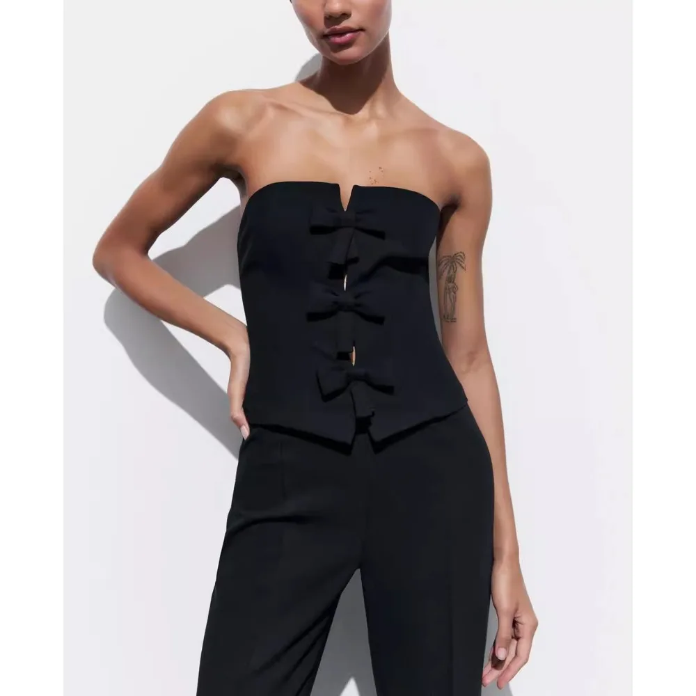 จั๊มสูทผู้หญิงแฟชั่นปี 2025 แขนกุด เปิดหลัง ซิปด้านข้าง แต่งโบว์ 3 มิติ โปร่ง จั๊มสูทขายาวทรงกระบอก สีดำ ผอมเพรียว