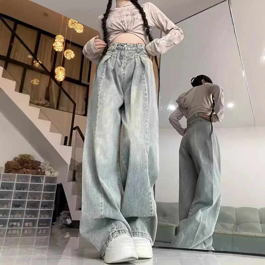 Vintage Wide-Leg Jeans Women's High-Waisted Slimming Draped Trousers New 2024 Autumn Style Versatile Loose-Fit Dragged Ground