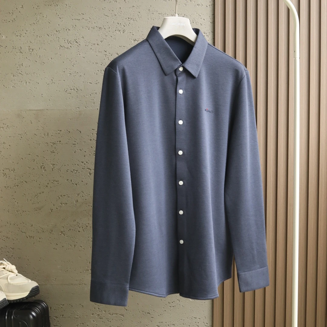 قميص Kiton القديم بنمط المال أوائل الخريف الجديد بلون سادة كاجوال للأعمال متعدد الاستخدامات للرجال بأكمام طويلة وطية صدر السترة