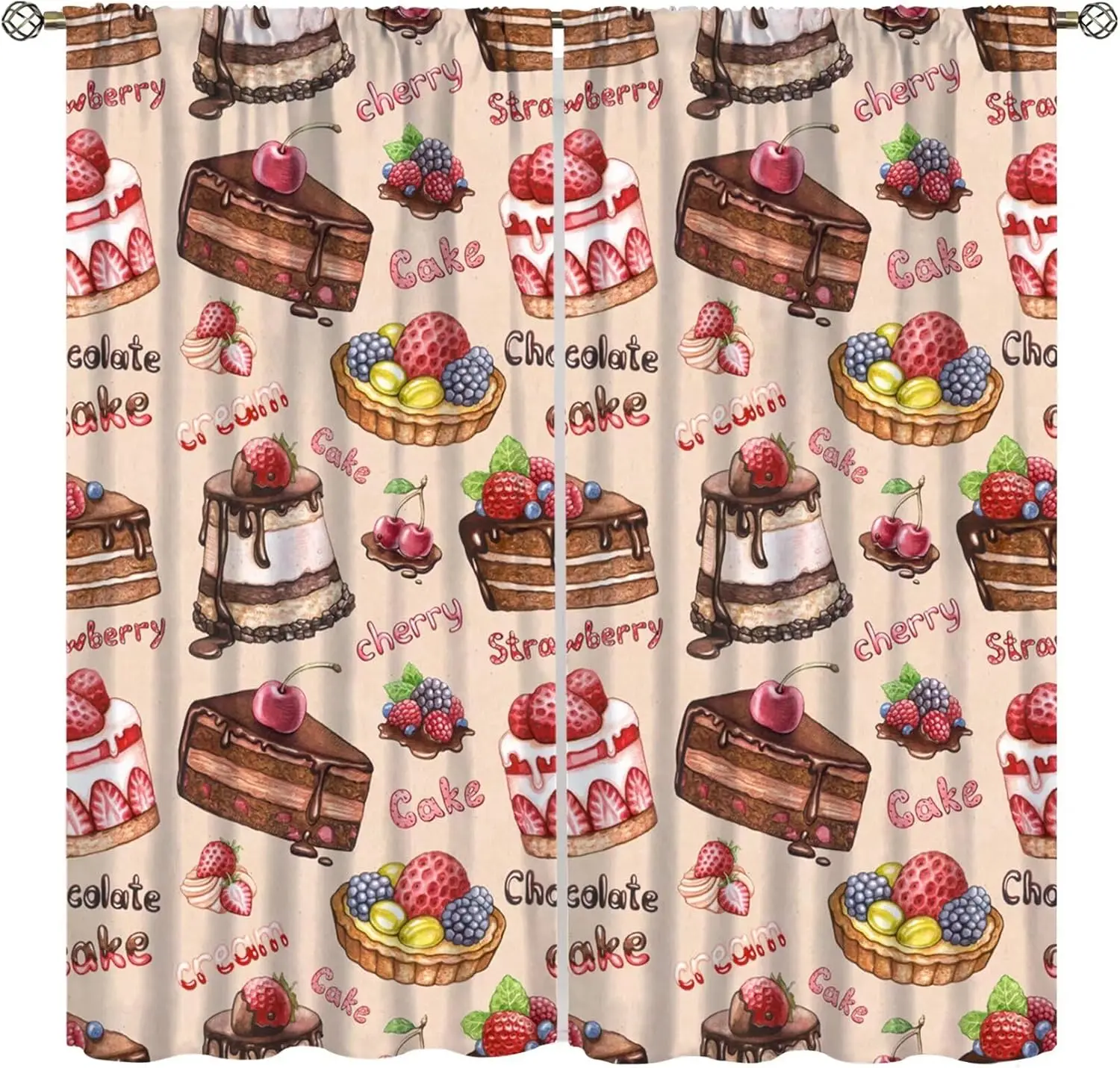 Coffee Cake Fruit Dessert Curtain, Coffee Shop Bakery Inspired Tasty Cupcake Pattern Rod Pocket Window Treatments for Bedroom