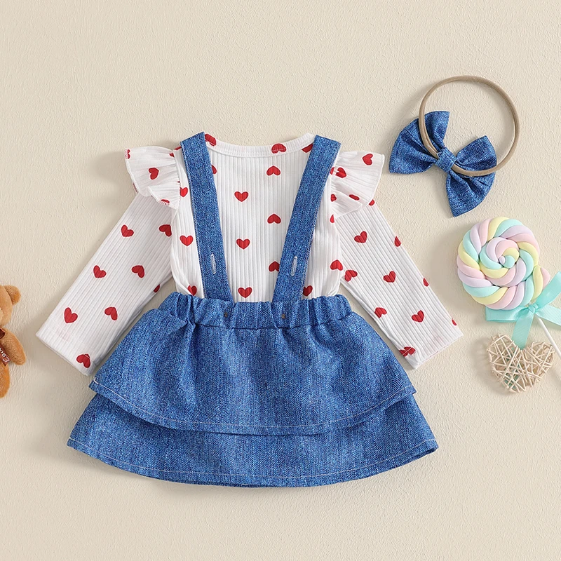 Suefunskry Baby Girl Valentines Day Outfit Heart Ruffle Long Sleeve Ribbed Romper Bear Patch Overall Dress and Headband 3Pcs Set