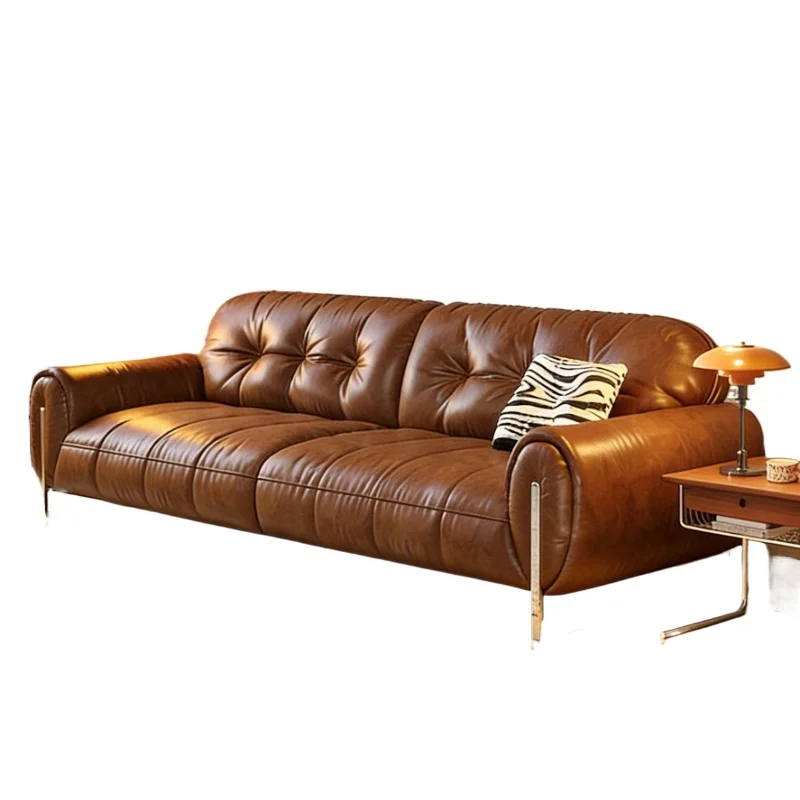 Mittelalterliches Sofa aus Ölwachsleder, karamellfarbenes Wohnzimmer-Sofa in gerader Reihe, amerikanisch-französisches Retro-Leder