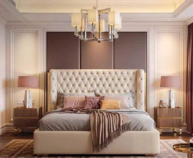 

Leather buckle bed master bedroom high-end atmosphere light luxury luxury villa French modern style