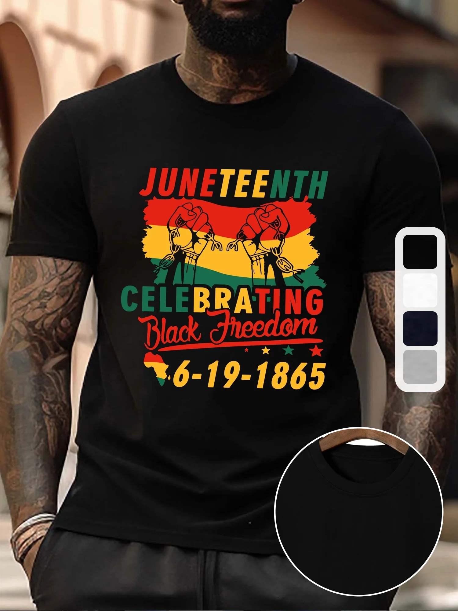 

Plus Size Men's Summer T-Shirt - "Juneteenth Celebrating" Graphic Print, Casual Streetwear, Crew Neck