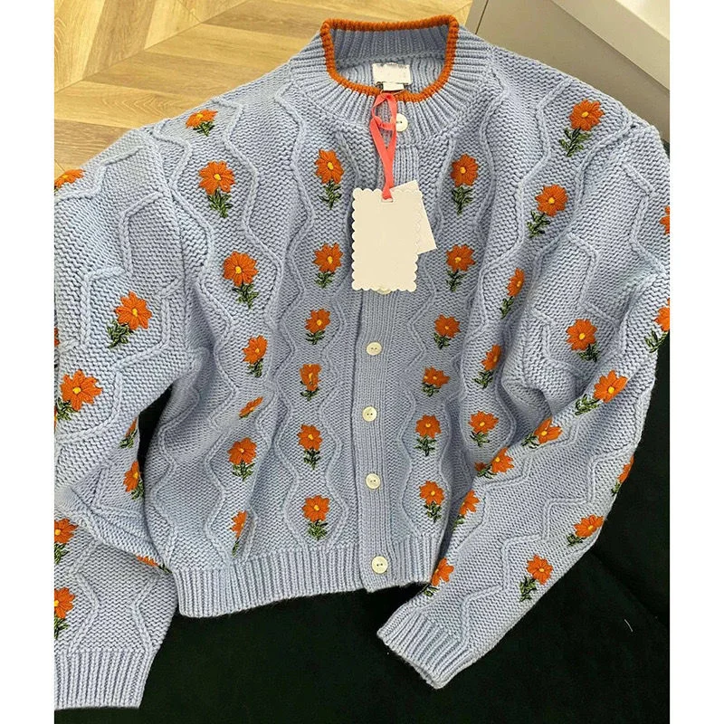 Vintage Knitted Cardigans Women Autumn Winter O Neck Long Sleeve Cardigan Sweater Korean Sweet Flower Embroidery Sweaters