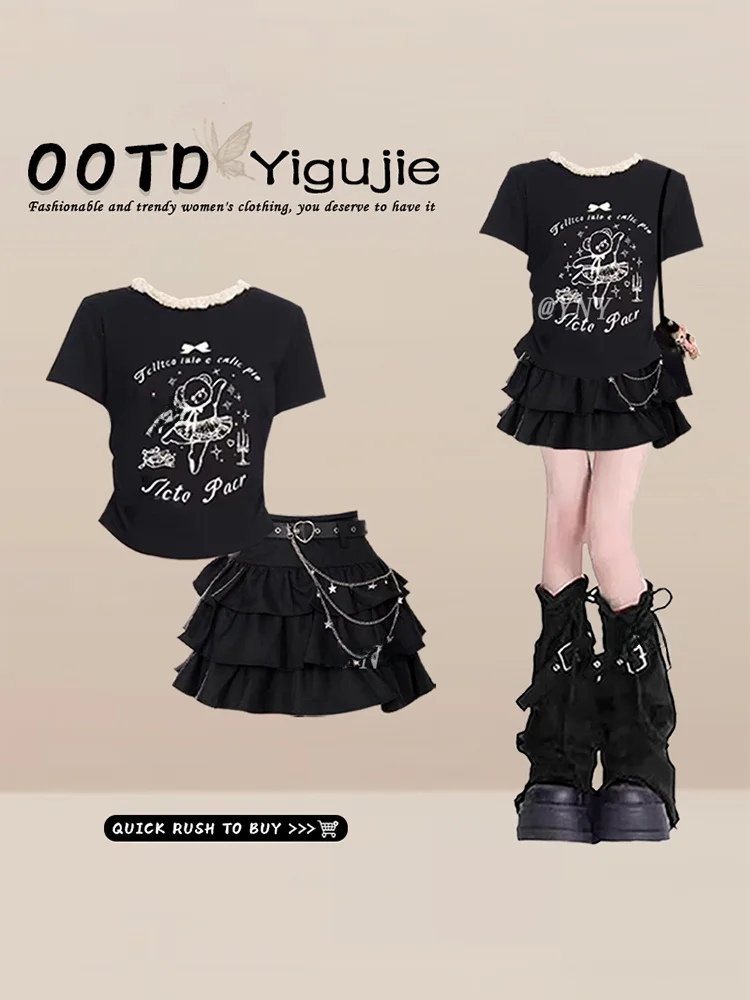 

Cute Cartoon Print Short Sleeve T-Shirt Women's Summer Lace Trim round Neck Sweet Cool Cake Skirt Short Two-Piece Set