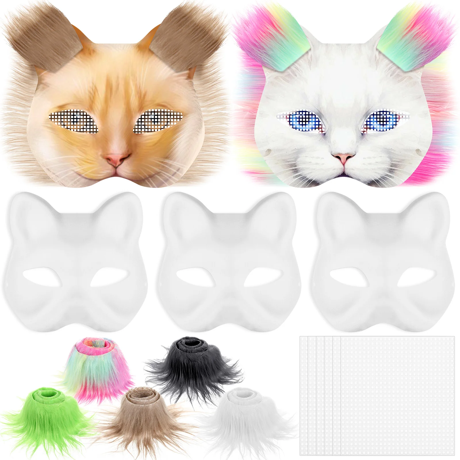 1 Set Blank Masks Unpainted Cat Masks Kit Animal Costume Masks Synthetic Hair And Mesh Paper Crafts Blank Cat Masks