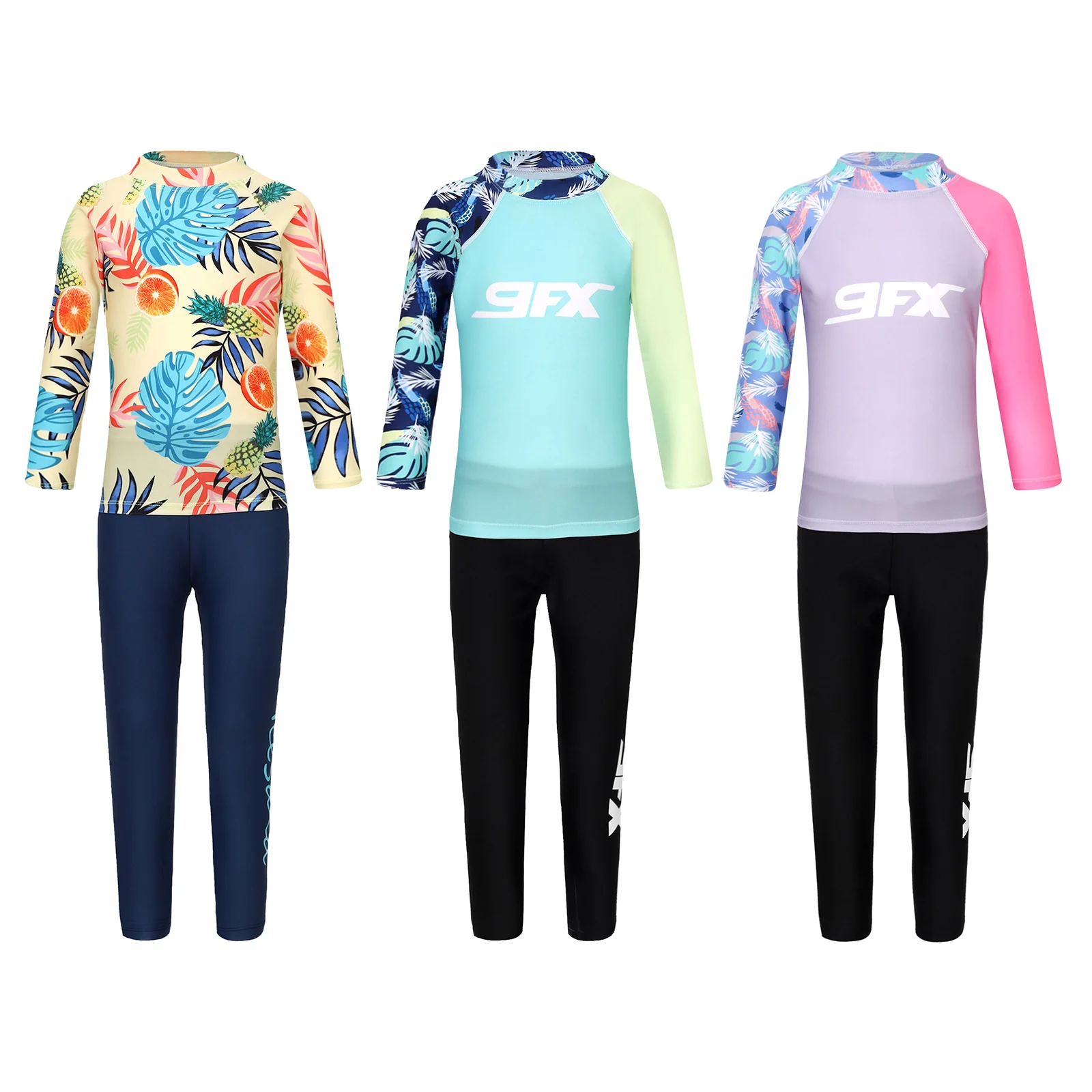 Kids Girls Boys 2Pcs Rash Guard Swimsuit Long Sleeve Tropical Print Swim Top and Pants Swimwear Bathing Suit for Surfing Diving