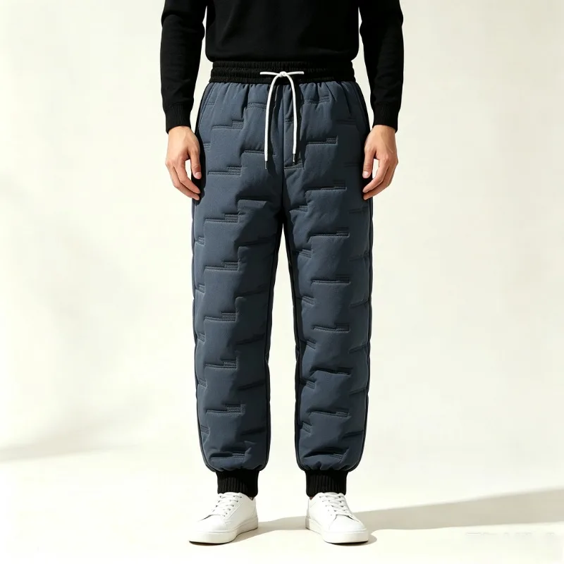 Men Winter Quilted Padded Pants, Elastic Waist Drawstring Warm Jogger Trousers
