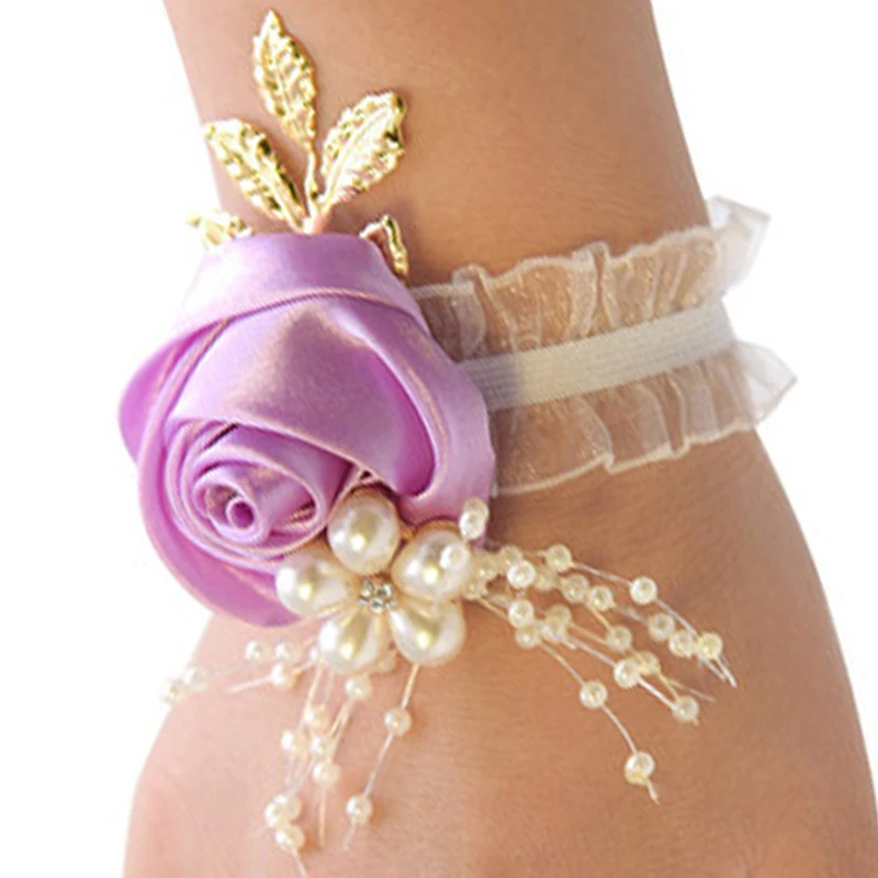 Bridesmaid Faux Rose Bracelet, Wedding Wrist Corsage, Polyester Ribbon, Pearl Bow, Presentes nupciais, Mão Flores, Party Prom Acessórios