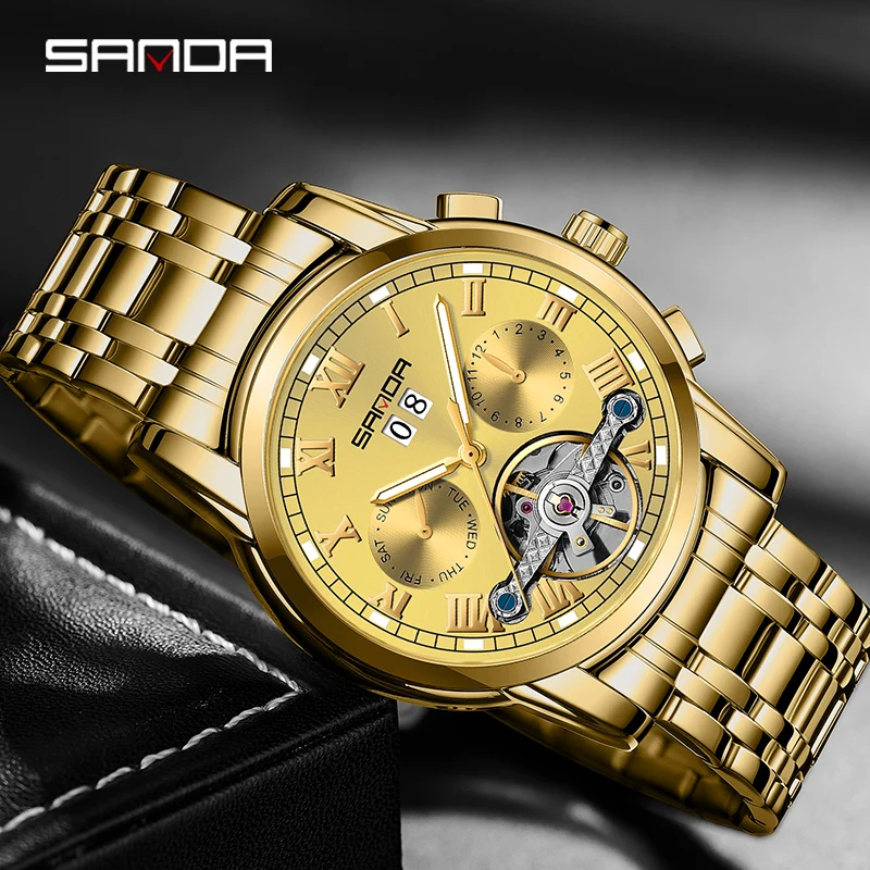 Men\'s Fully Automatic Mechanical Steel Belt Watch New Product Sanda 7006 Fashion Calendar Hollow Men\'s Watch 2024