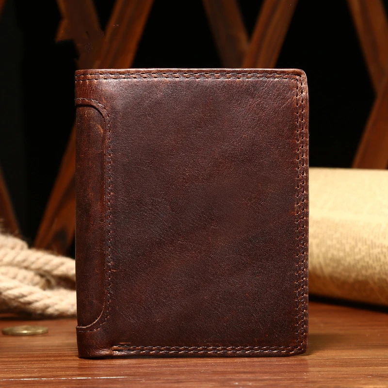 AIGO Vintage Genuine Leather Men's Wallet Crazy Horse Leather RFID Card Holder Fashion Coin Purse Large Capacity Cash Pouch