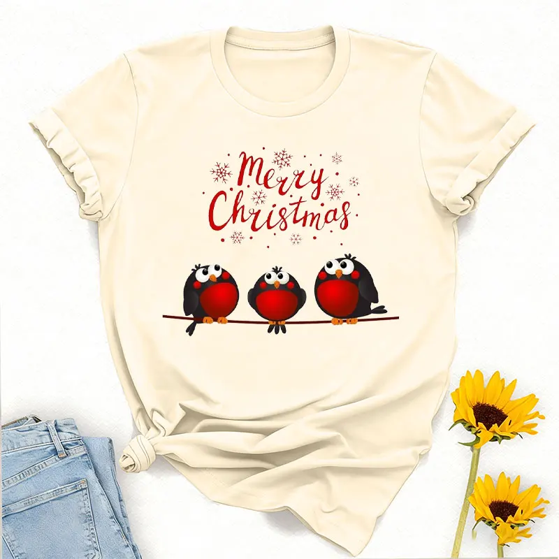 Merry Christmas Three Little Red Robins Sat on A Branch Womens Boyfriend Fit Crewneck High Quality Cotton Graphic T Shirts