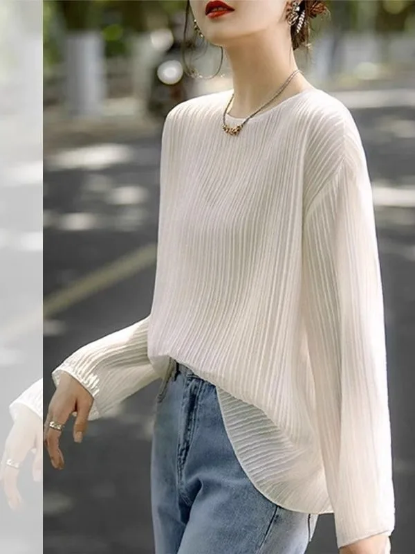 Outlets Best Selling Women's Long Sleeve round Neck T-Shirt Sun Protection Texture Fold White Top Korean Style Loose Fit