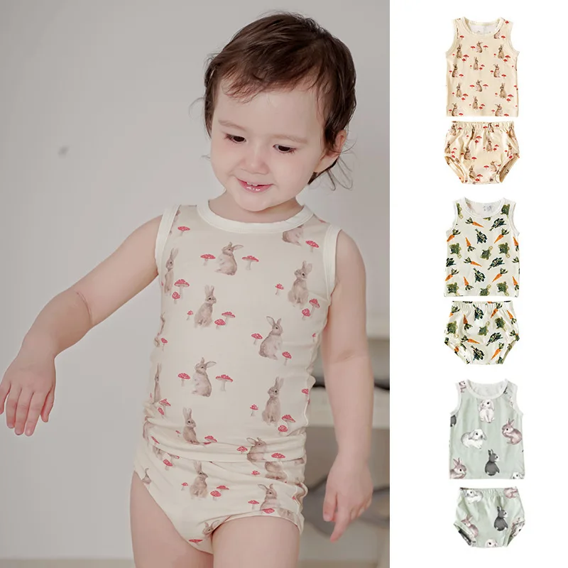 

RomperDew Infant and Toddler Vest Shorts Set 2 Summer Cotton Boys and Girls Clothes Baby Sleeveless T-shirt Two-piece Set