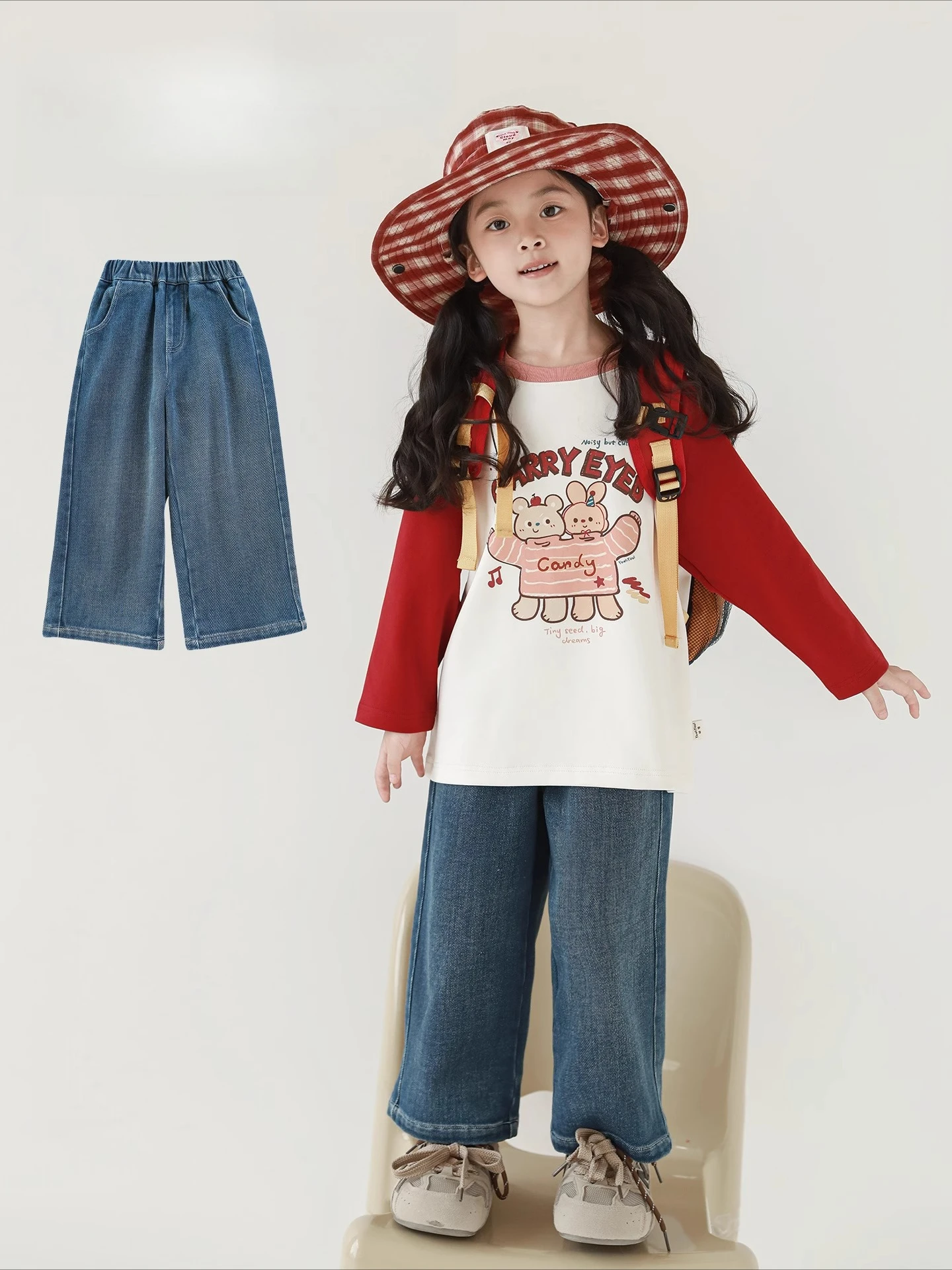 

Girls 2025 Brushed Denim Pants Straight Leg Relaxed Fit Fluffy Lined Classic Versatile Tummy Hide Kids 1-7 Years
