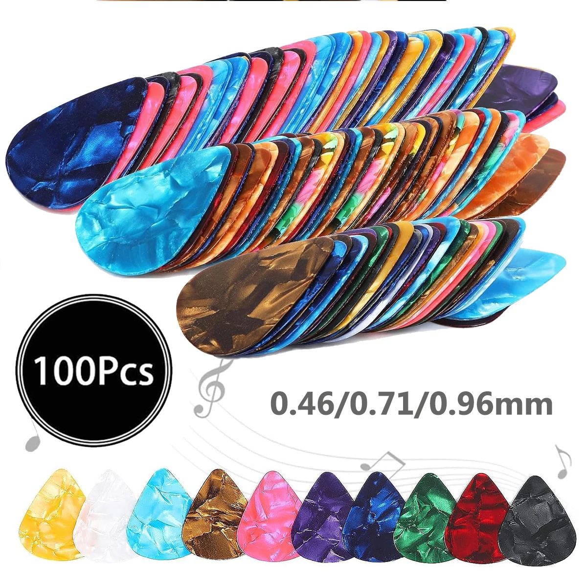 100 pièces/ensemble plectres de guitare mixtes |   3 Épaisseur (0,46/0,71/0,96 mm) |   Plectres en celluloïd pour guitare/basse/ukulélé |   Variété de cadeaux
