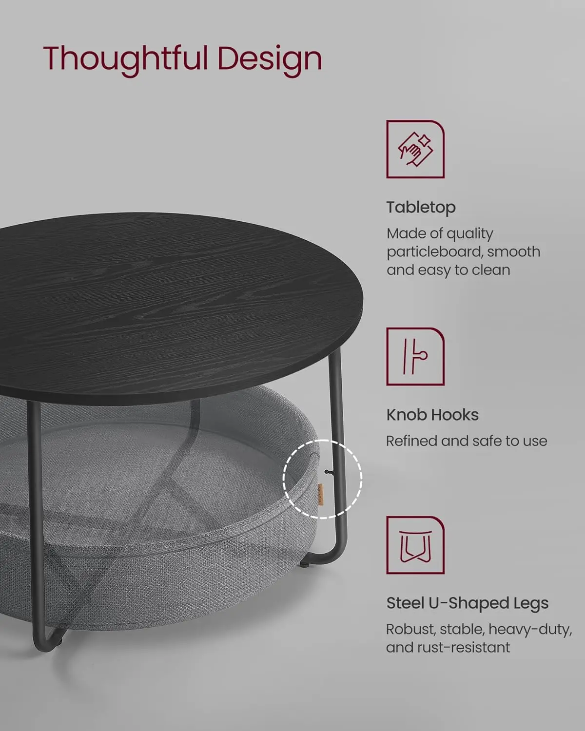 Coffee Table with Storage, Round Center Table for Living Room with Fabric Basket, Modern Style, Metal Frame, Ink Black