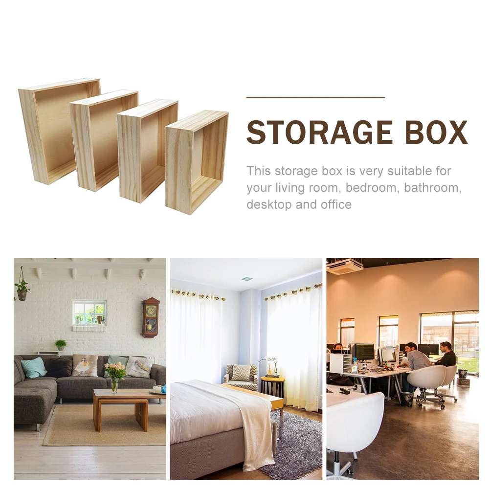 

4pcs Pine Wood Storage Boxes Cube Shape with Lids Home Decor Bedroom Living Room Bathroom Office Organization Wooden Container