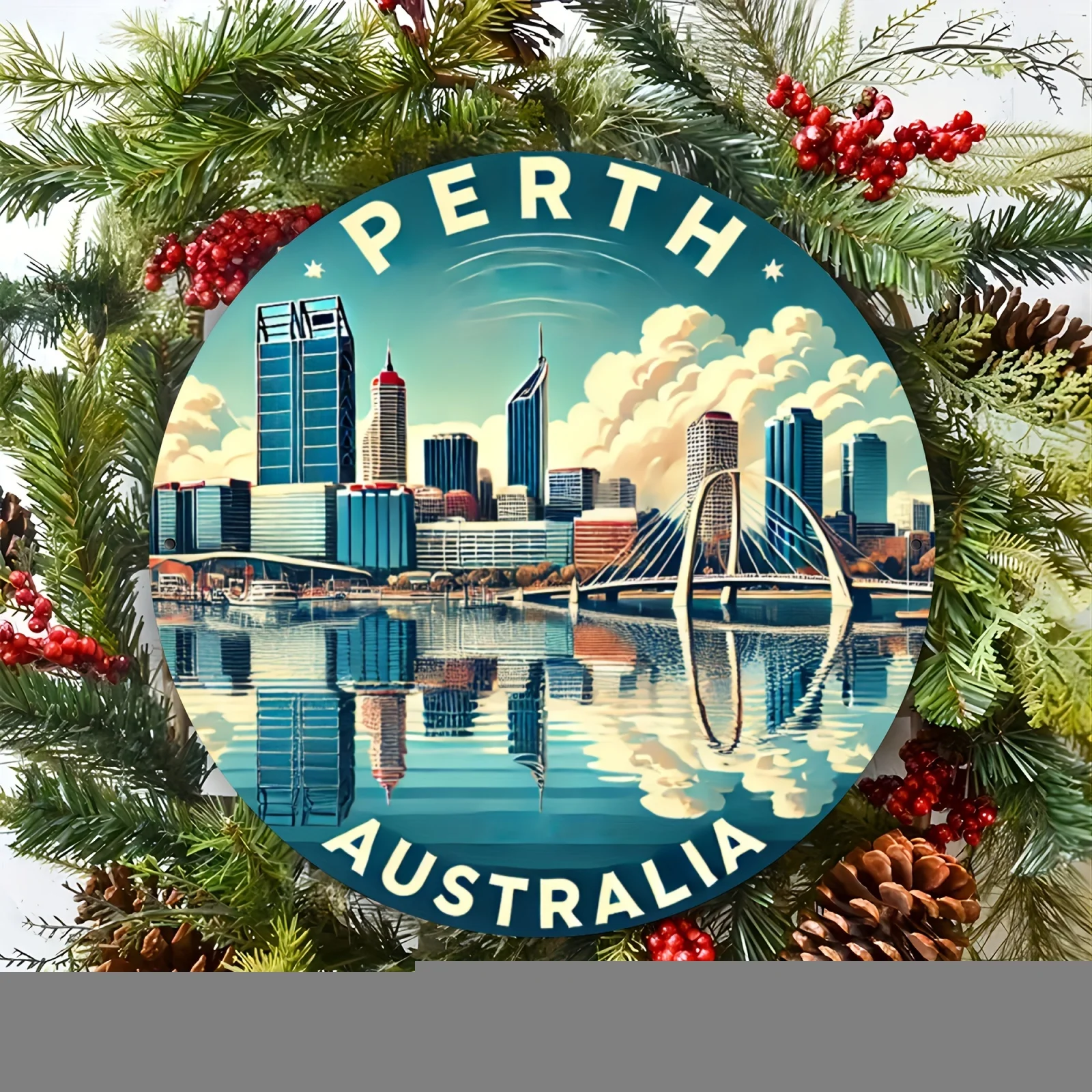 Perth Australia City Skyline 2D Round Distressed Metal Tin Sign 7.87x7.87 Inch River Bridge Building Iron Plaque Travel Wall Orn