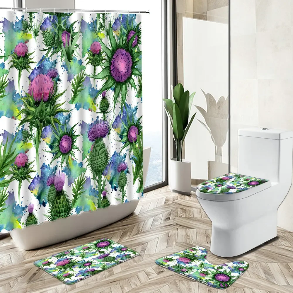 Tropical Cactus Succulent Green Plant Shower Curtain Flower Leaf Watercolor Art Home Bath Mat Toilet Cover Bathroom Carpet Set