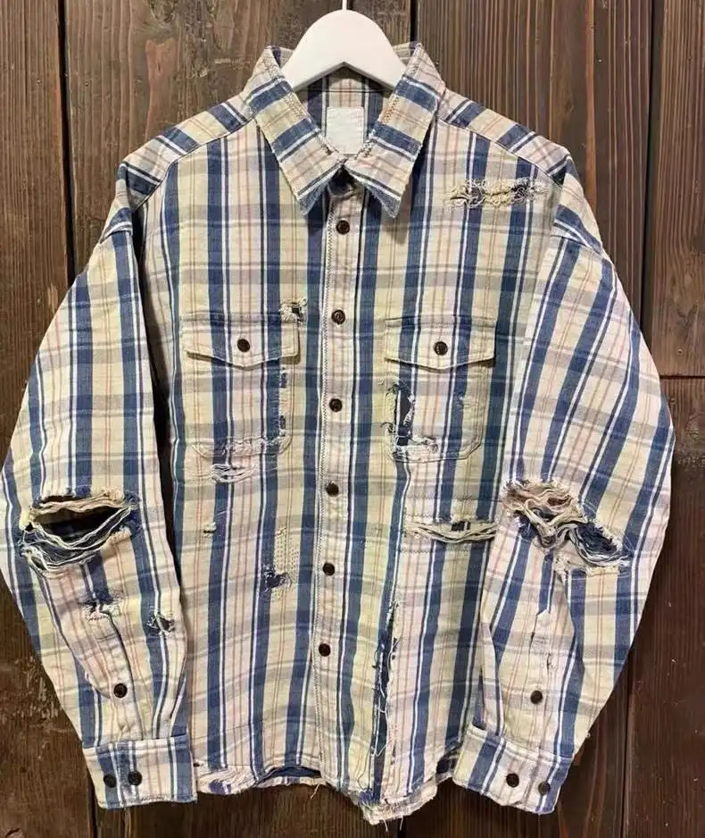 VISVIM FIL 22SS PIONEER CRASH Destruction check shirt Nakamura washed patch shirt