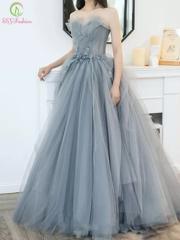 Customized Banquet Elegant Grey Blue Evening Dress Strapless Sleeveless A-line Flowers Formal Party Gowns Vestidos De Noche