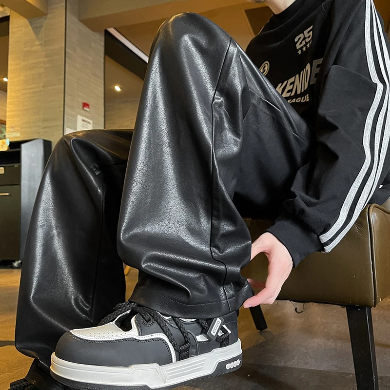 

Hot 2025 new men's pu leather straight pants motorcycle casual skinny trousers Black size 28-36 A106