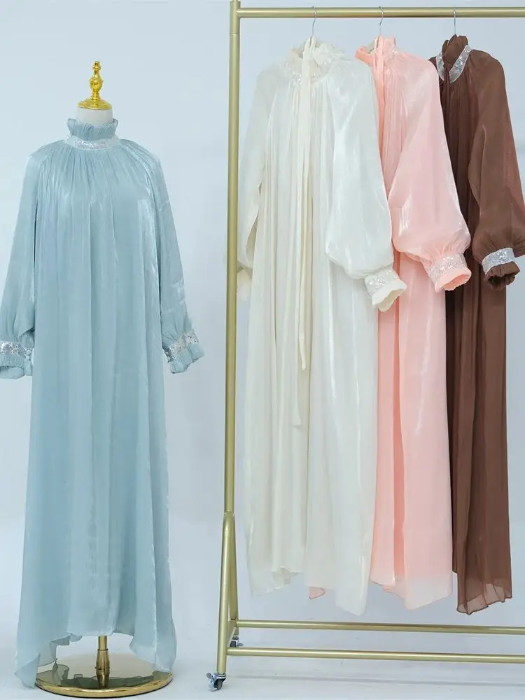 Ramadan Eid Satin Shimmer Sequin Abaya Dubai Luxury Muslim Kaftan African Dresses For Women Caftan Marocain Robe Femme Musulmane