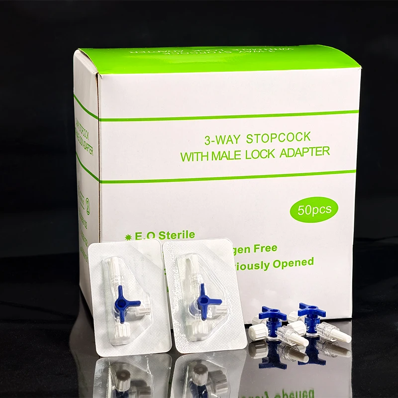 50pcs/Box Sterile 3-Way Stopcock Flexible T-Connector Extension Tube with Male Lock Adapter Individually Packaged