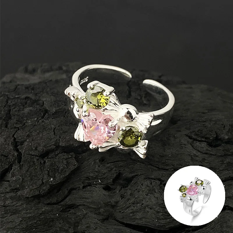 

100% 925 Sterling Silver Zircon Love Heart Open Rings for Women Girl Geometric Candy Design Jewelry Birthday Gift Dropshipping