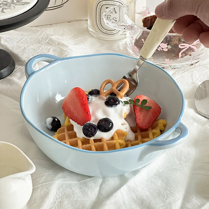 Irregular Binaural Bowl Exquisite Ceramic Fruit Salad Bowl Breakfast Soup Bowl Household Noodles Bowl Cute Tableware Gift