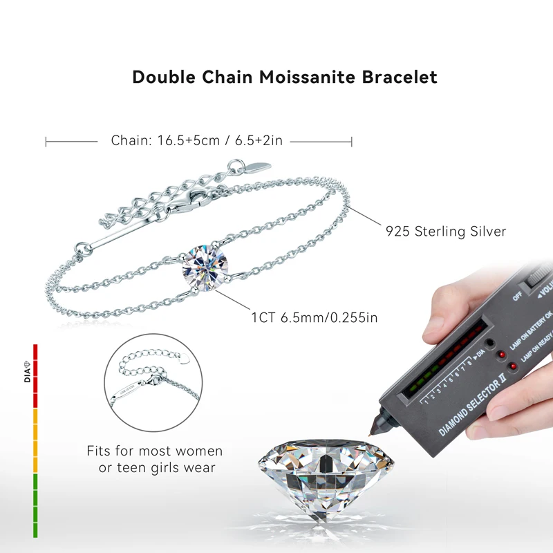 Lnngy 6,5 mm 1 Karat Moissanit-Armband, 925er Sterlingsilber, zertifizierte Doppelketten-Armbänder für Frauen, Charm-Hochzeitsschmuck, Geschenk – Detail 10