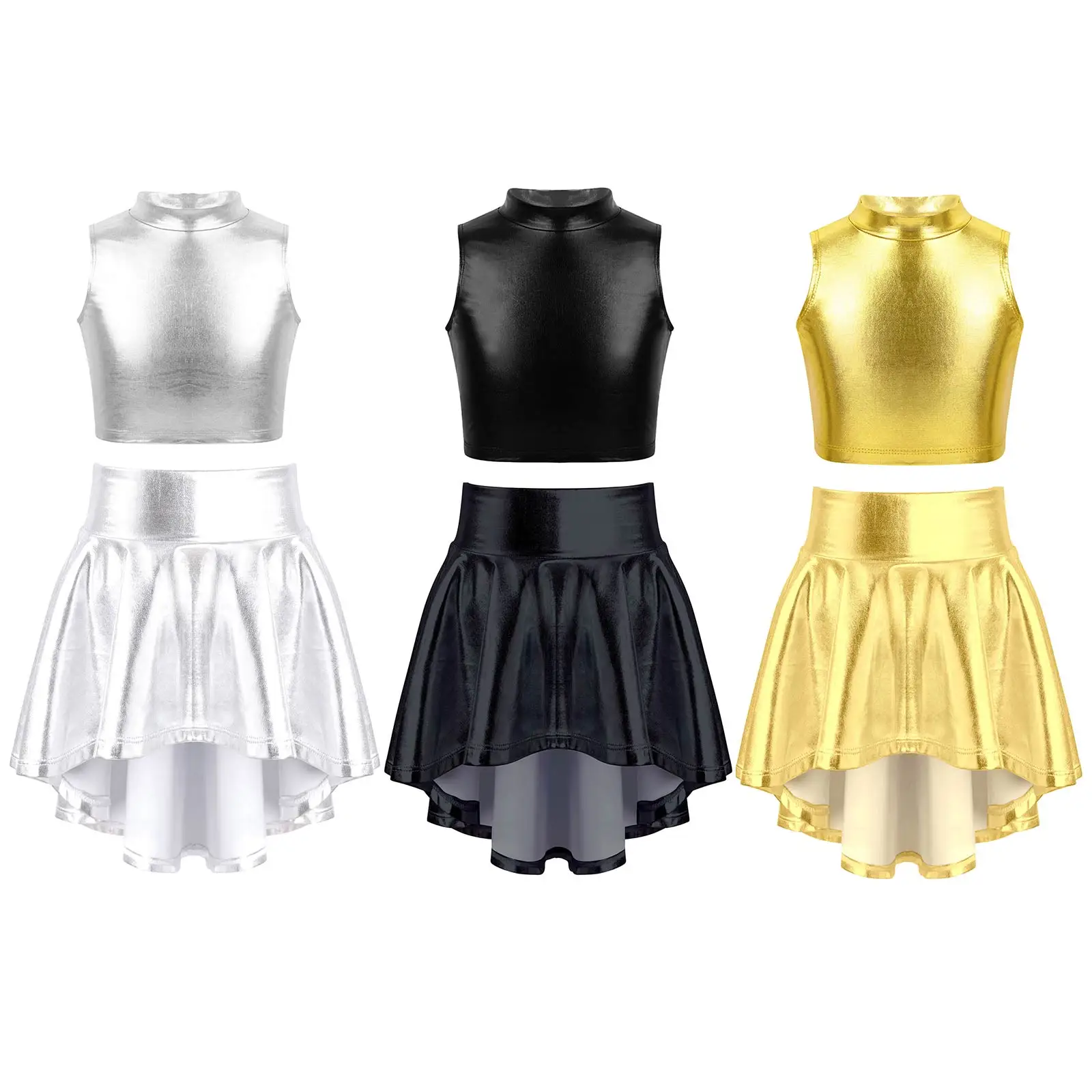 Kids Girls Metallic Sleeveless Turtleneck Crop Top with Irregular Hem Skirt for Dance Stage Performance