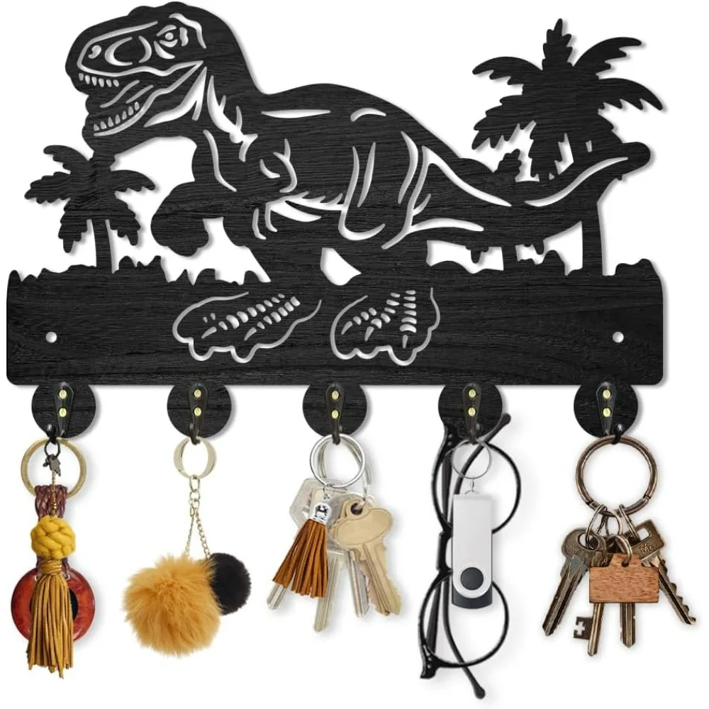 Wood Dinosaur Coconut Tree Coat Rack Ancient Animal Key Holder for Wall 11.8×7.9inch Decorative Tropical Palm Tree Key Hooks