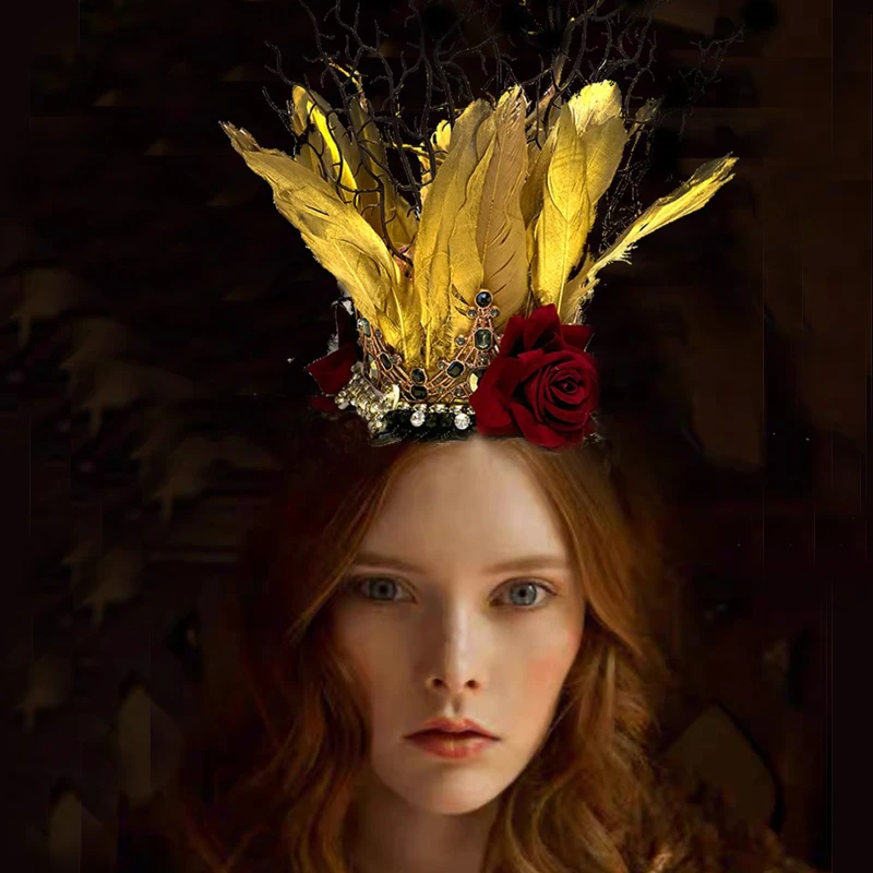 

Headdress Women's Golden Branch Leaf Feather Crown Handmade Pearl Embroidery Exquisite Suitable for Creative Retro Accessories