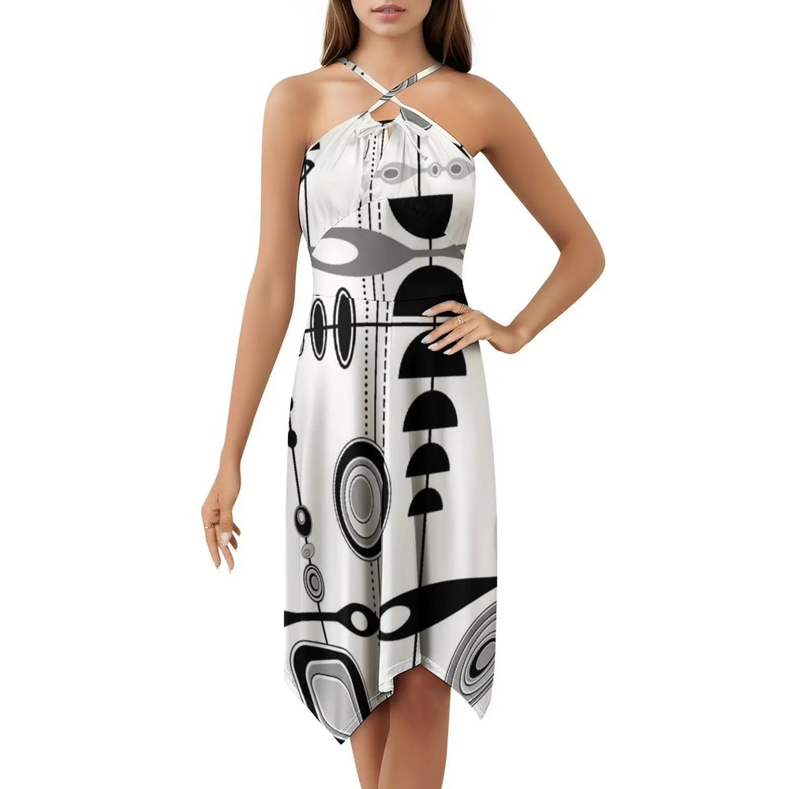 منتصف القرن الحديثة طباعة أسود أبيض رمادي المرأة الشارع الشهير فستان الحفلات العصرية طباعة نادي الملابس للإناث خمر مستوحاة #5