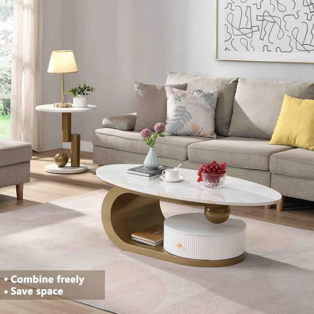 Oval Nesting Coffee Table Set of 2 Faux Marble Golden Round End Table Modern Living Room Table Large 47Inch Coffee