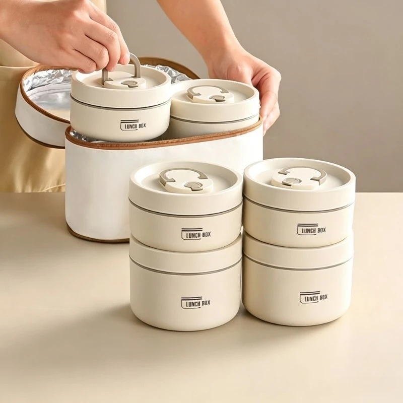 3-teiliges/4-teiliges tragbares, isoliertes Lebensmittelbehältnis für die Mikrowelle, stapelbare runde Bento-Box mit isolierter Lunch-Tasche für Erwachsene und Kinder
