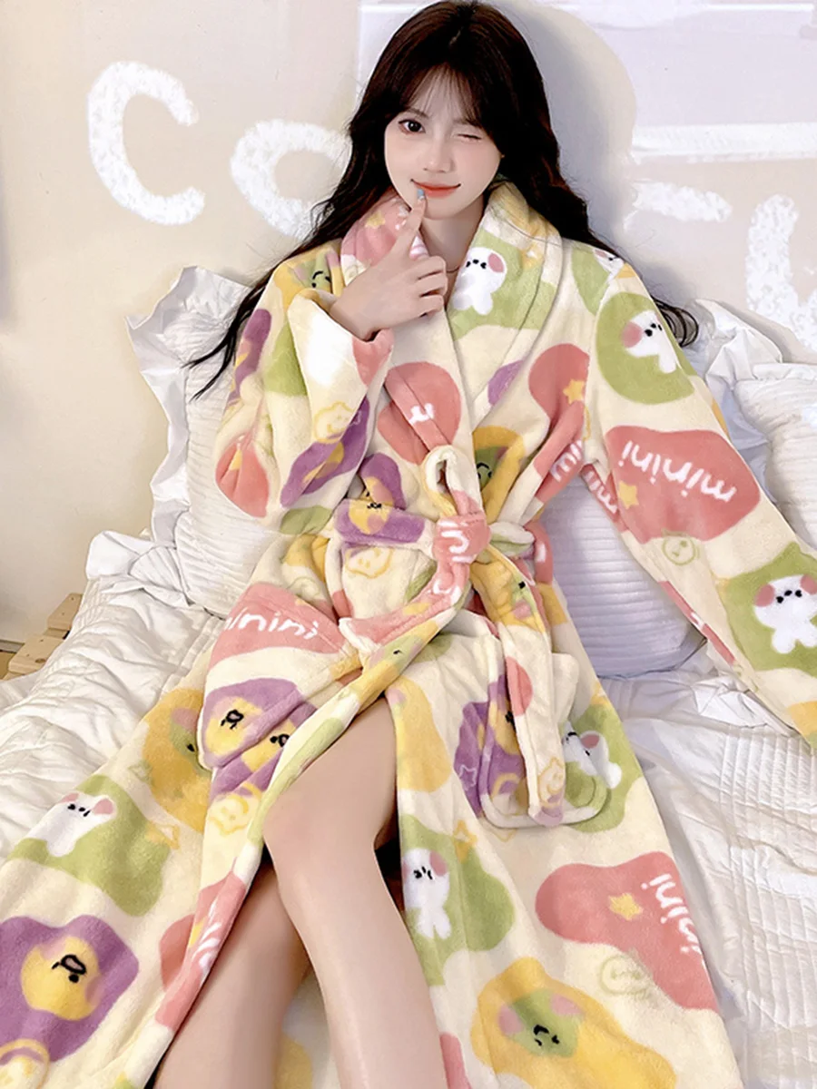 Nightgown Women Autumn and Winter Coral Fleece Retro Sle Thick Flannel Bathrobe Long Cartoon Cute Sweet Pajamas Spring