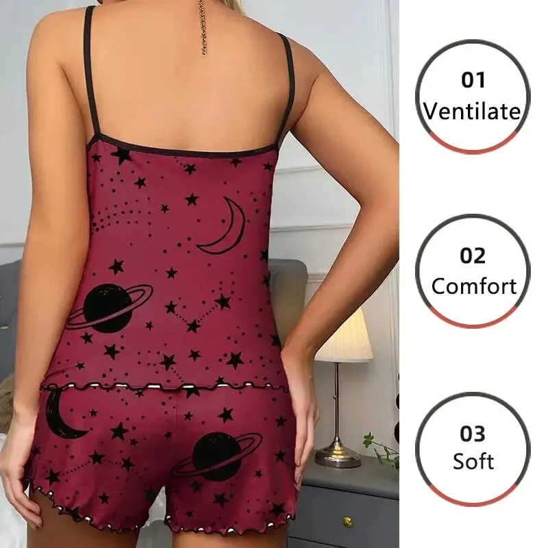 2 PCS Women Pajamas Sleepwear Pajama Set Short-Sleeved Shorts Suit S M L Red Star And Moon Print Cute Ventilate Comfort Fashion