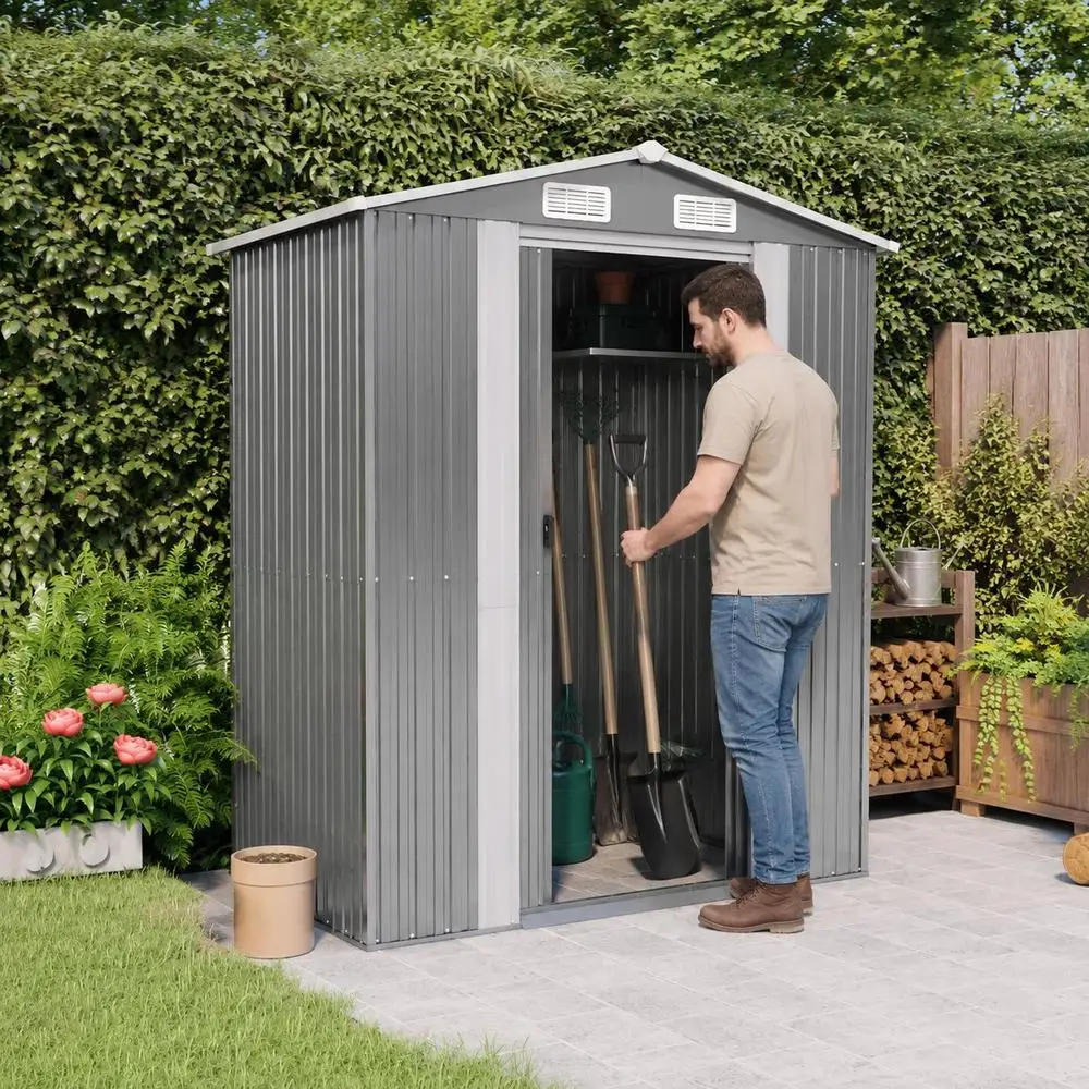 Abri de jardin gris clair en acier galvanisé, dimensions 192x108x223 cm, espace de rangement robuste et résistant aux intempéries pour outils de jardin, équipements horticoles et articles d'extérieur