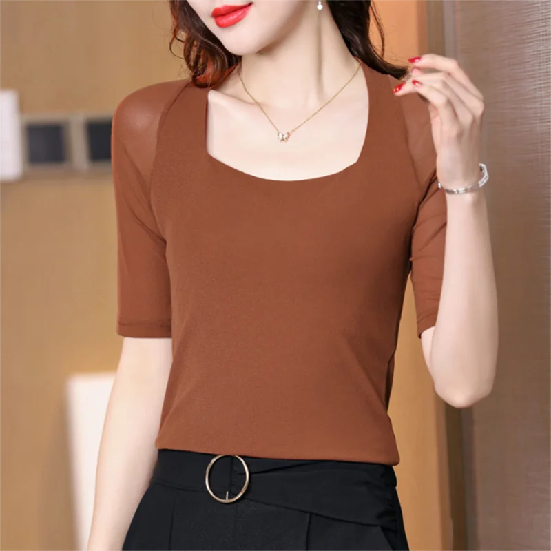 Elastic Mesh Tshirt Women T-shirts Mid Sleeve Pullover Top Summer WOman Clothes T-shirts Square Neck Modern Latin Dance Tees