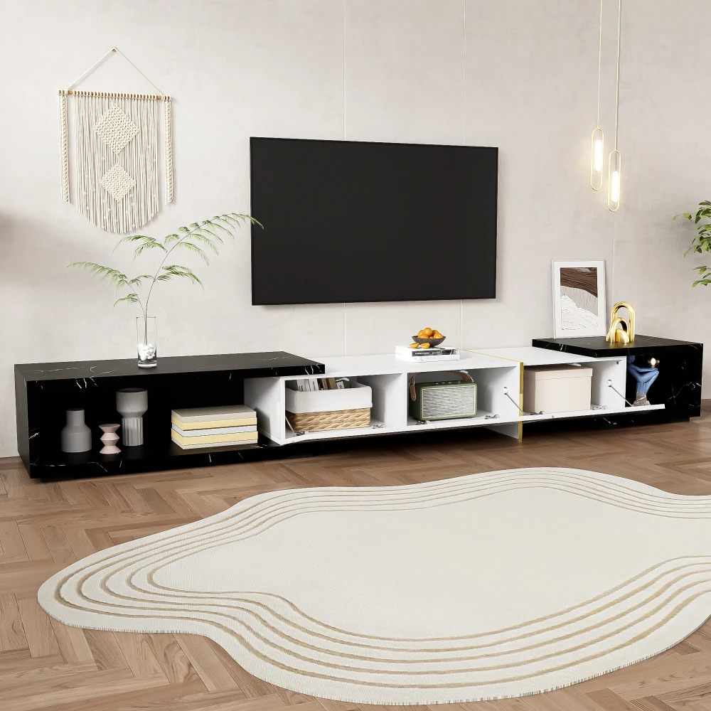 Moderner TV-Schrank mit variabler Länge (140–260 cm), drehbarer Funktion, weißes Hochglanz-Matt-Finish und goldenen Dekorationen – Detail 4
