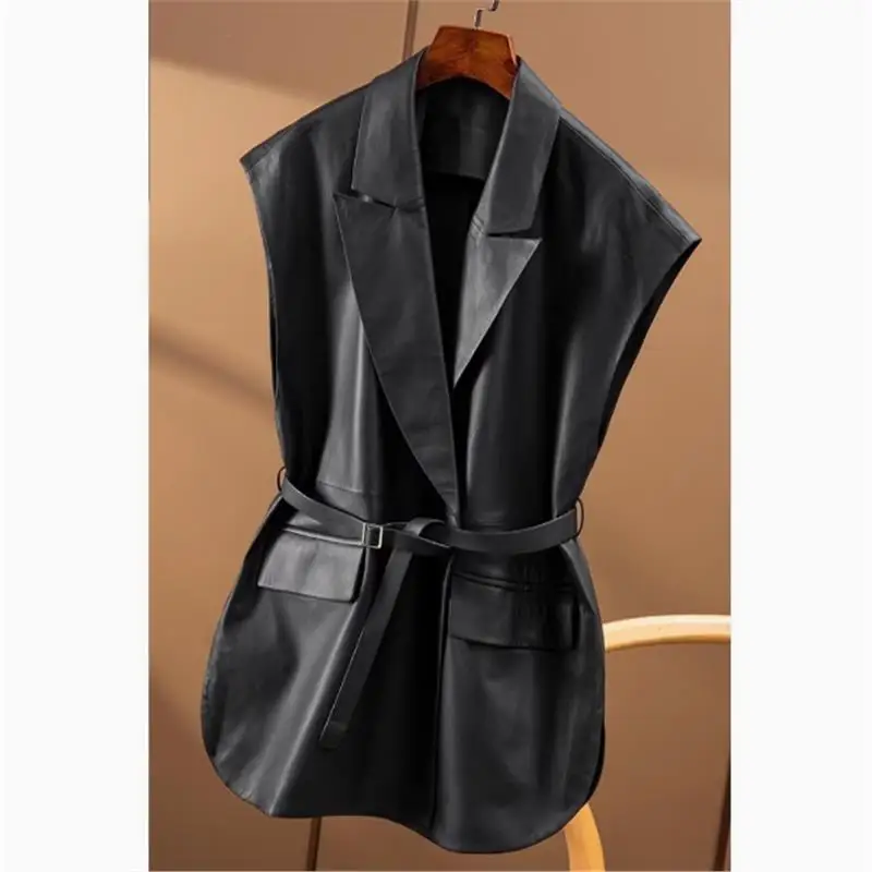 

Женский жилет из искусственной кожи, куртка с застежкой на талии, воротник с большой биркой, линия для поездок на работу, обычная длина, одна пуговица, чистый цвет