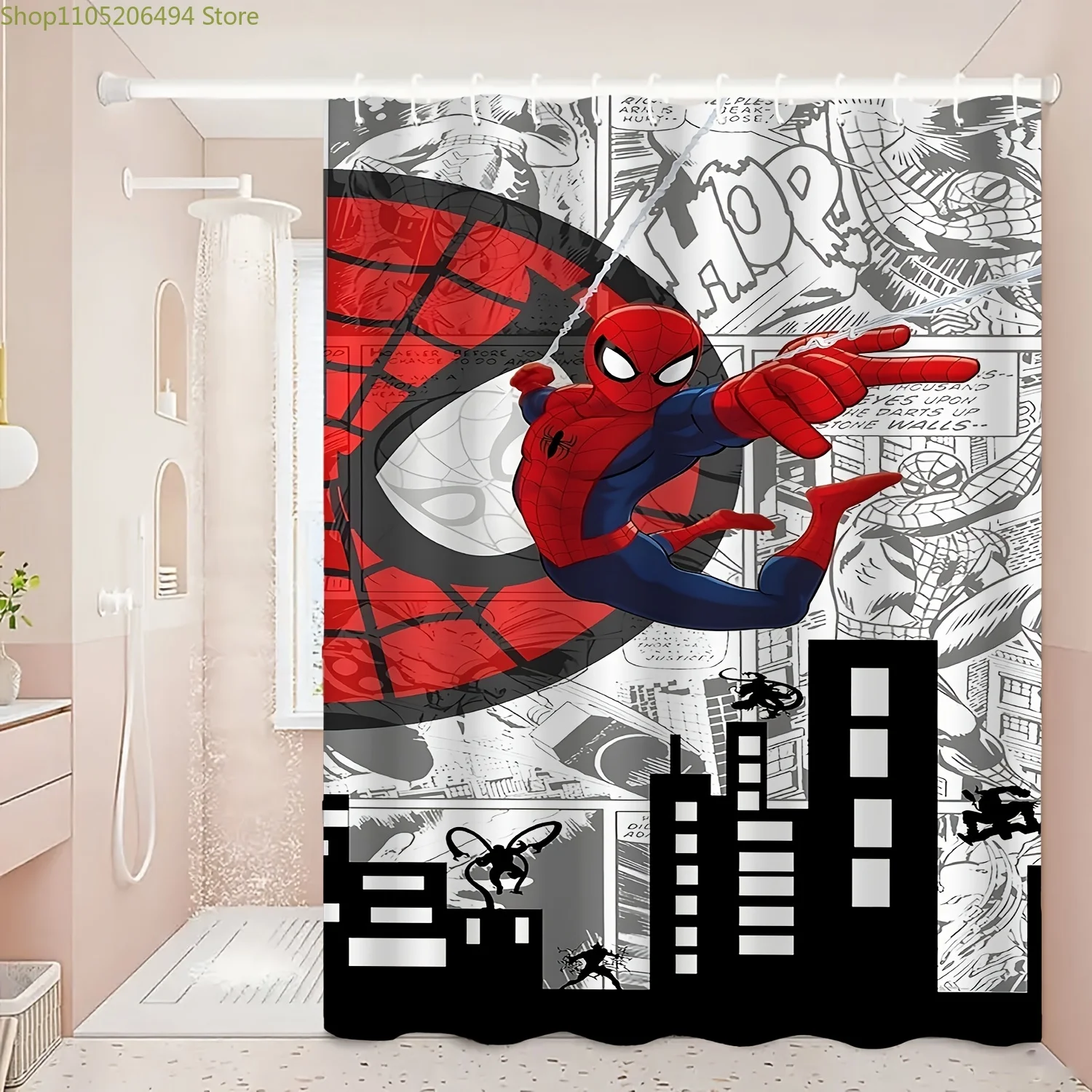 

Marvel 1pc Printed Shower Curtain - Spider-Man Swinging Through the City, Durable, Perfect for Cozy Home Bathrooms & Guest Bat
