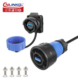 CNLINKO M24 USB3.0 Connector Receptacles Socket Cable Plug Waterproof Panel Wire Connector IP68 Charging Data Sync Connector