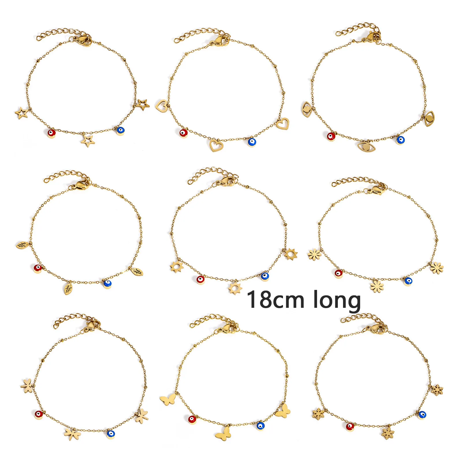 304 Stainless Steel Religious Link Cable Chain Bracelets Gold Color Chains Heart Star Evil Eye Charms 18cm(7 1/8