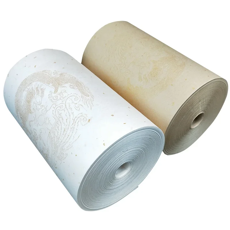 Papel Xuan para Caligrafía y Pintura, Papel de Arroz Chino con Lámina Dorada, Papel Xuan Crudo Semimaduro con Patrón de Dragón