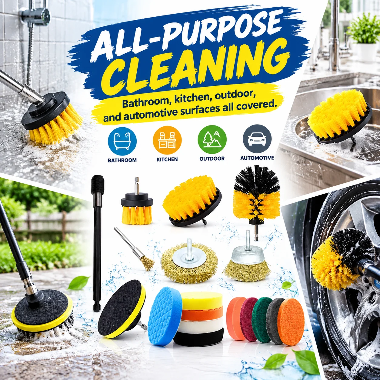 18Pc Drill Brush Set Soft Bristles with Extension with Extension for Home Clean Bathroom Surfaces Floor Tub Shower Grout Tile